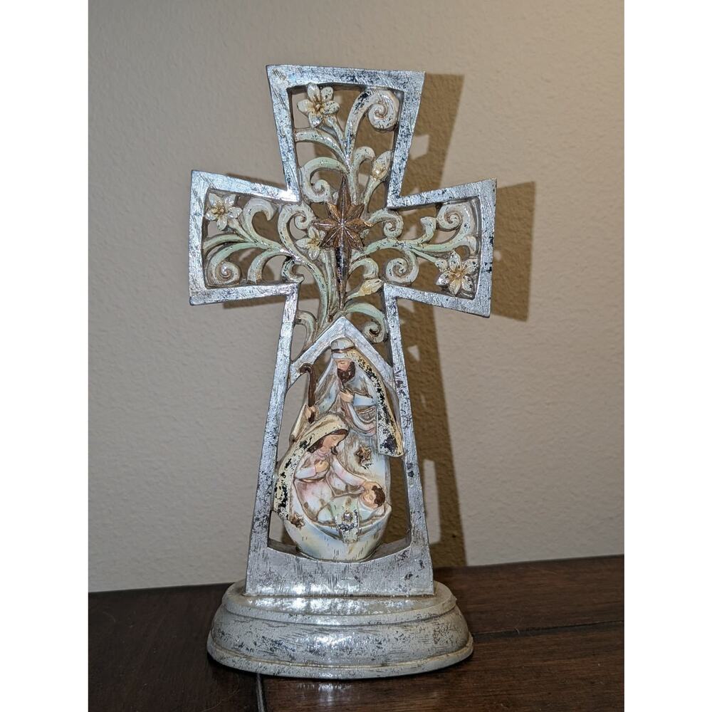 Vintage St. Nicholas Square Nativity Scene Cross Christmas Tabletop Decor 11.5"